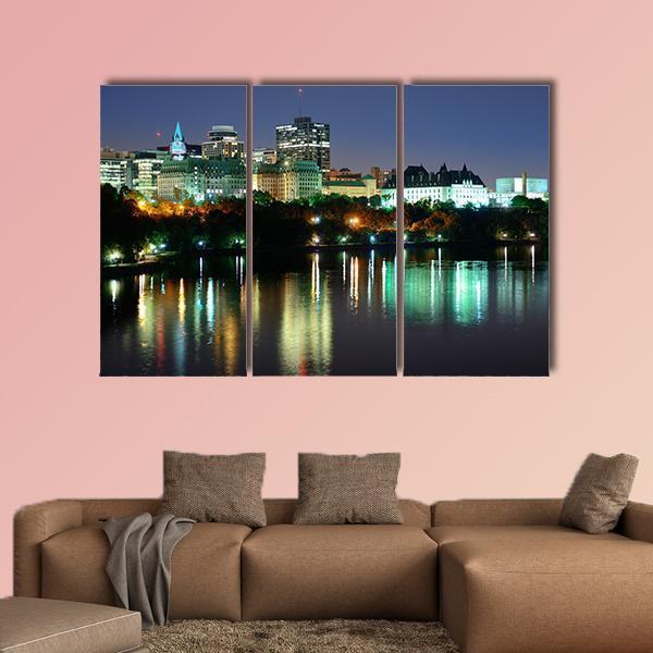 Ottawa At Night Over River Canvas Wall Art-3 Horizontal-Gallery Wrap-25" x 16"-Tiaracle