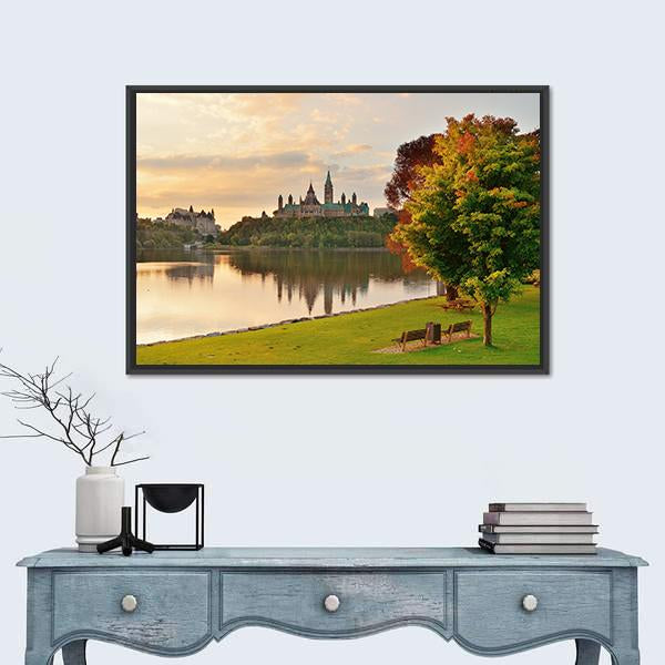 Ottawa Skyline at Sunrise Over River Canvas Wall Art in orange, yellow and green, framed canvas, product view on a white background