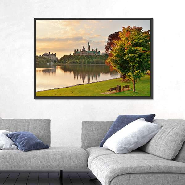 Ottawa City Skyline At Sunrise Over River Canvas Wall Art-3 Horizontal-Gallery Wrap-25" x 16"-Tiaracle
