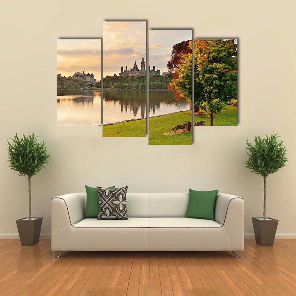Ottawa City Skyline At Sunrise Over River Canvas Wall Art-4 Pop-Gallery Wrap-50" x 32"-Tiaracle
