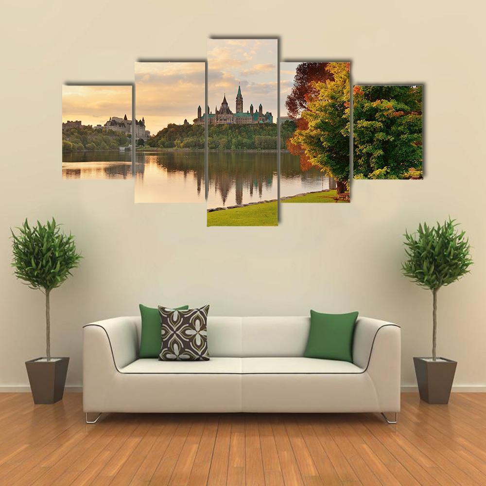 Ottawa City Skyline At Sunrise Over River Canvas Wall Art-5 Star-Gallery Wrap-62" x 32"-Tiaracle