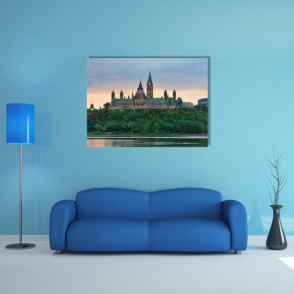 Ottawa Skyline at Sunset Canvas Wall Art in orange, green and blue, single panel hung on a wall