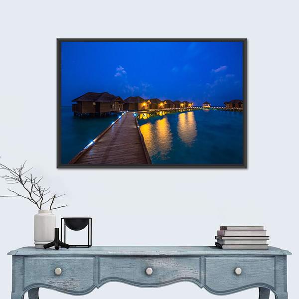 Over Water Bungalows At Night Canvas Wall Art-1 Piece-Floating Frame-24" x 16"-Tiaracle