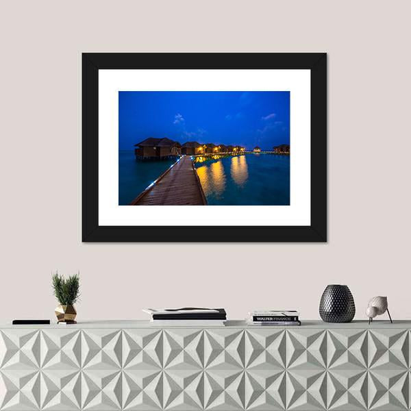 Over Water Bungalows At Night Canvas Wall Art-1 Piece-Framed Print-20" x 16"-Tiaracle