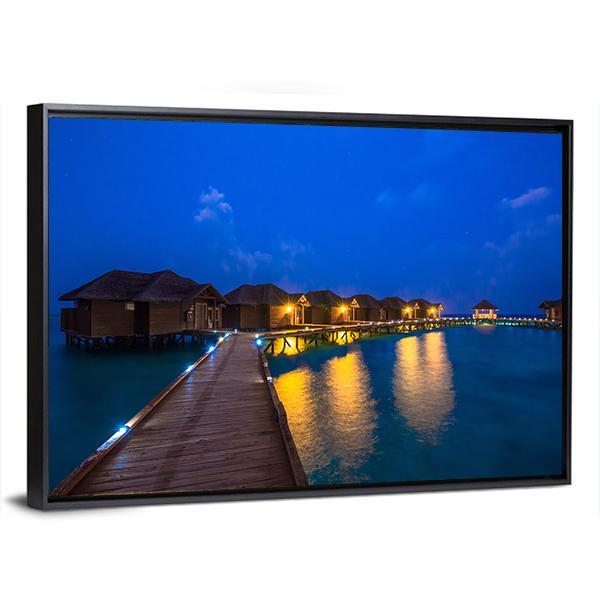 Over Water Bungalows At Night Canvas Wall Art-3 Horizontal-Gallery Wrap-25" x 16"-Tiaracle