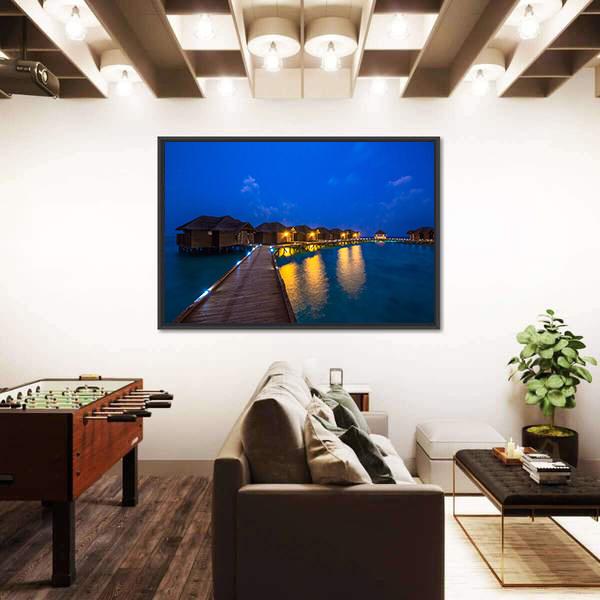 Over Water Bungalows At Night Canvas Wall Art-3 Horizontal-Gallery Wrap-25" x 16"-Tiaracle