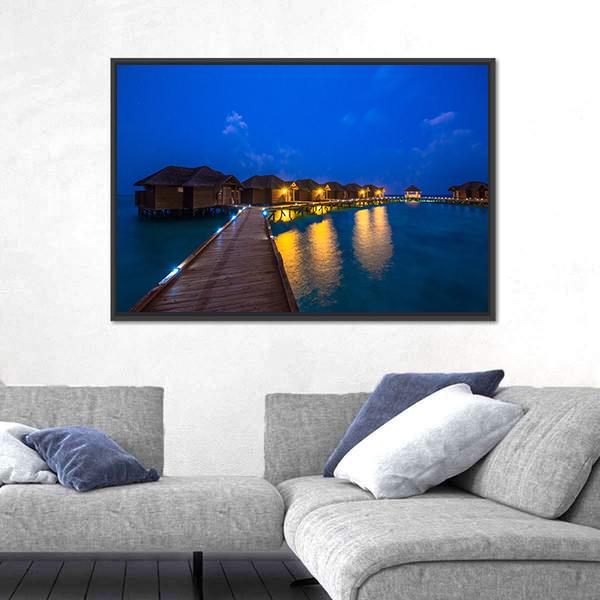 Over Water Bungalows At Night Canvas Wall Art-3 Horizontal-Gallery Wrap-25" x 16"-Tiaracle