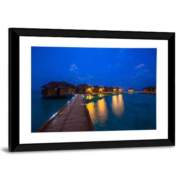 Over Water Bungalows At Night Canvas Wall Art-3 Horizontal-Gallery Wrap-25" x 16"-Tiaracle