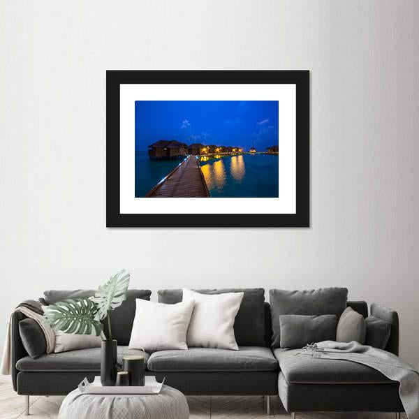 Over Water Bungalows At Night Canvas Wall Art-3 Horizontal-Gallery Wrap-25" x 16"-Tiaracle