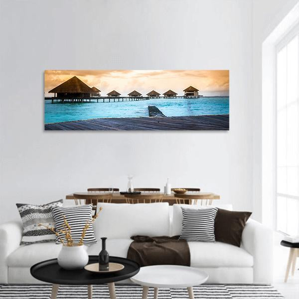 Over Water Bungalows In Maldives Panoramic Canvas Wall Art-3 Piece-25" x 08"-Tiaracle