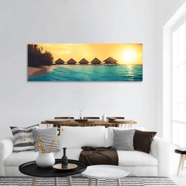 Over Water Bungalows In Maldives Panoramic Canvas Wall Art-1 Piece-36" x 12"-Tiaracle