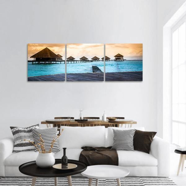 Over Water Bungalows In Maldives Panoramic Canvas Wall Art-3 Piece-25" x 08"-Tiaracle