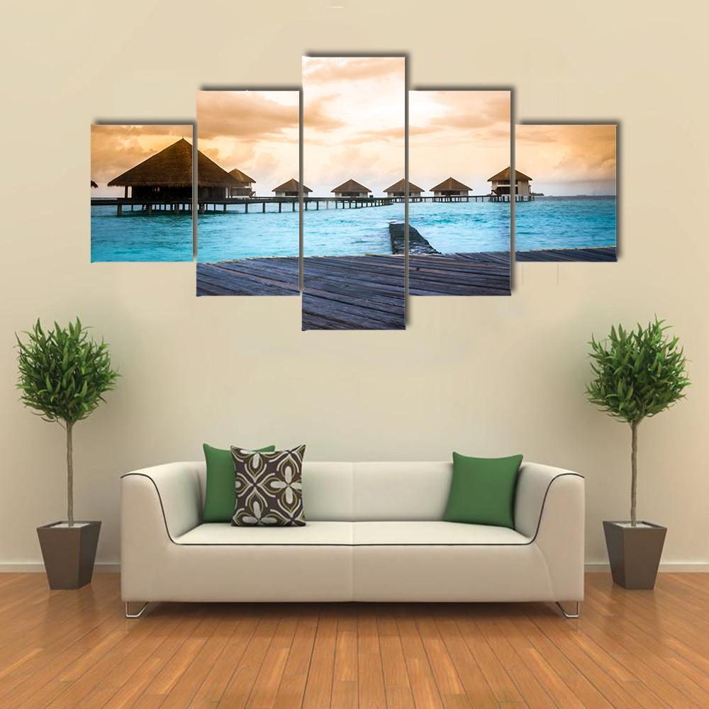Over Water Bungalows Canvas Wall Art-5 Star-Gallery Wrap-62" x 32"-Tiaracle