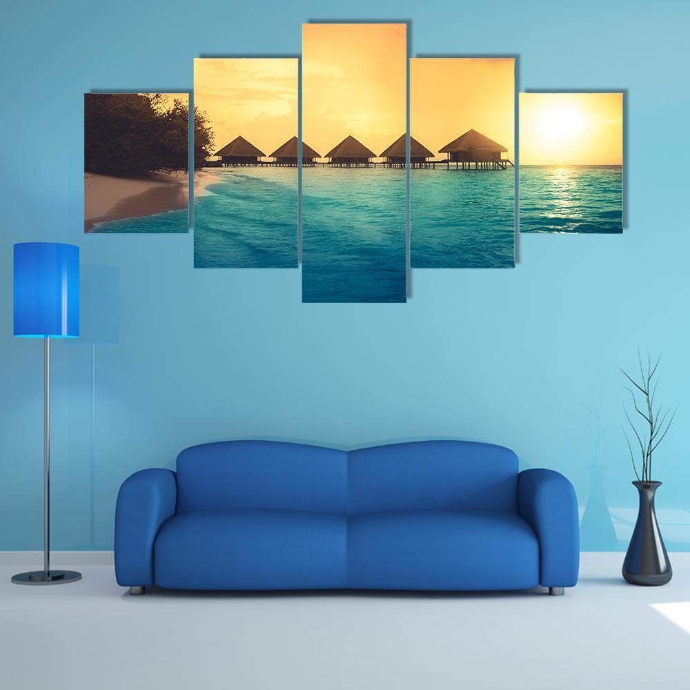 Over Water Bungalows Canvas Wall Art-5 Star-Gallery Wrap-62" x 32"-Tiaracle