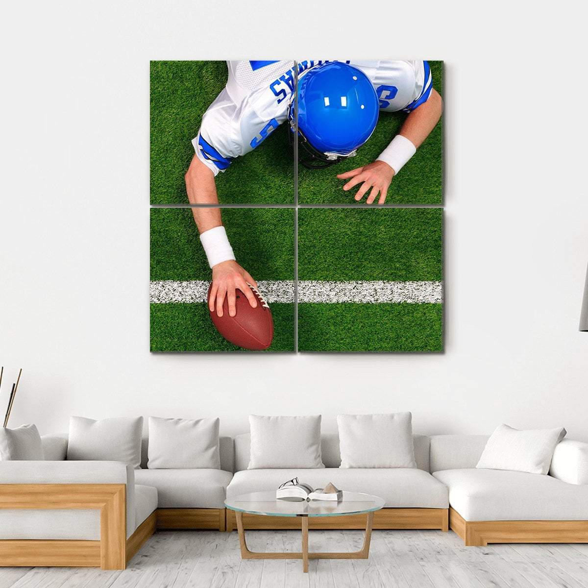 Overhead Photo Of Football Player Making A One Handed Touchdown Canvas Wall Art-4 Square-Gallery Wrap-17" x 17"-Tiaracle
