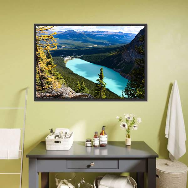 Overlook Of Lake Louise Canvas Wall Art-1 Piece-Floating Frame-24" x 16"-Tiaracle