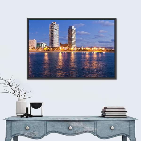Overview Of Barcelona Spain To Mananecer Canvas Wall Art-1 Piece-Floating Frame-24" x 16"-Tiaracle