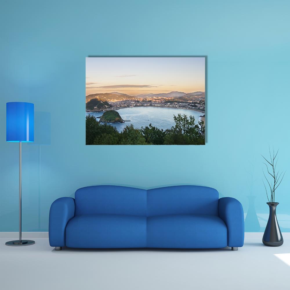 Bay of San Sebastian Canvas Wall Art in gray, green and blue, single panel hung on a wall
