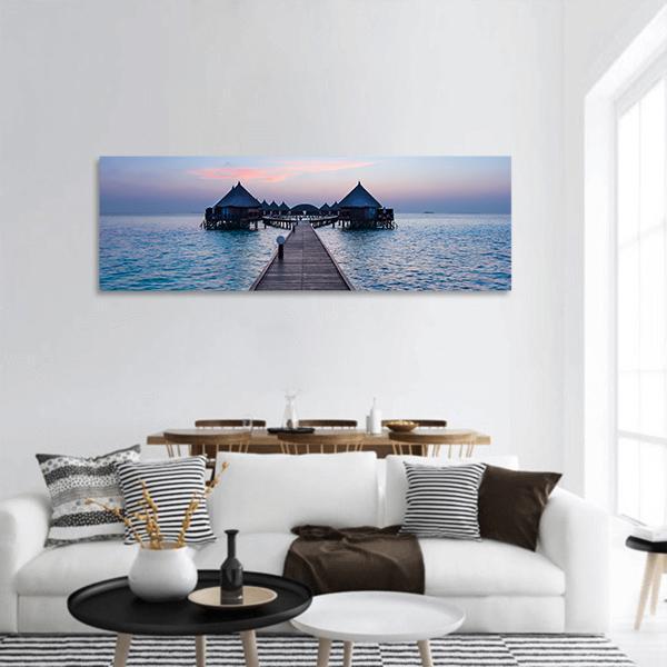 Overwater Bungalow In The Maldives Panoramic Canvas Wall Art-3 Piece-25" x 08"-Tiaracle