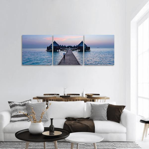 Overwater Bungalow In The Maldives Panoramic Canvas Wall Art-3 Piece-25" x 08"-Tiaracle