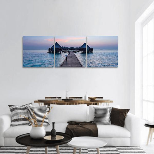 Overwater Bungalow In The Maldives Panoramic Canvas Wall Art-3 Piece-25" x 08"-Tiaracle