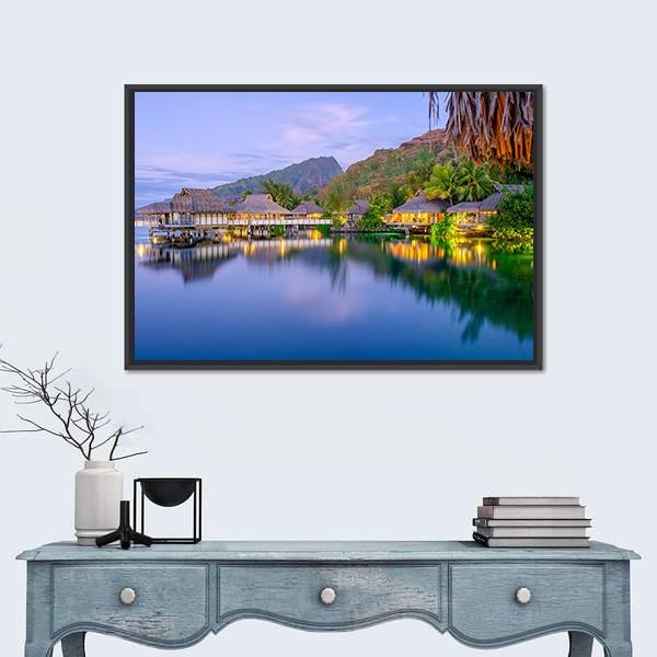 Overwater Bungalows At Dusk Canvas Wall Art-1 Piece-Floating Frame-24" x 16"-Tiaracle