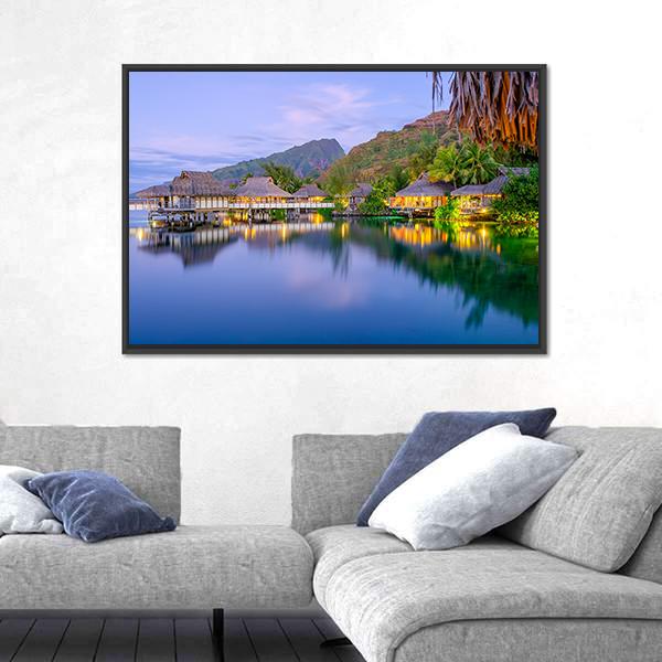 Overwater Bungalows At Dusk Canvas Wall Art-3 Horizontal-Gallery Wrap-25" x 16"-Tiaracle