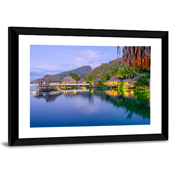 Overwater Bungalows At Dusk Canvas Wall Art-3 Horizontal-Gallery Wrap-25" x 16"-Tiaracle