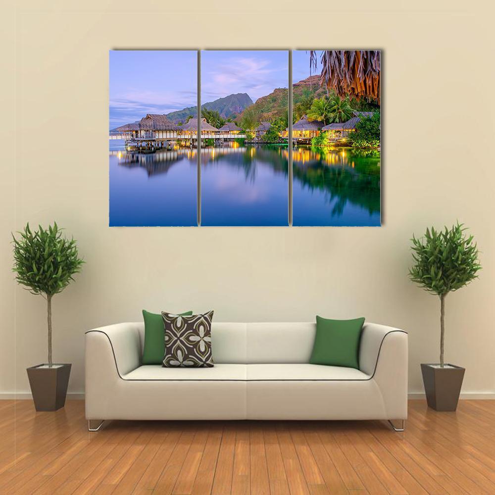 Overwater Bungalows At Dusk Canvas Wall Art-3 Horizontal-Gallery Wrap-37" x 24"-Tiaracle