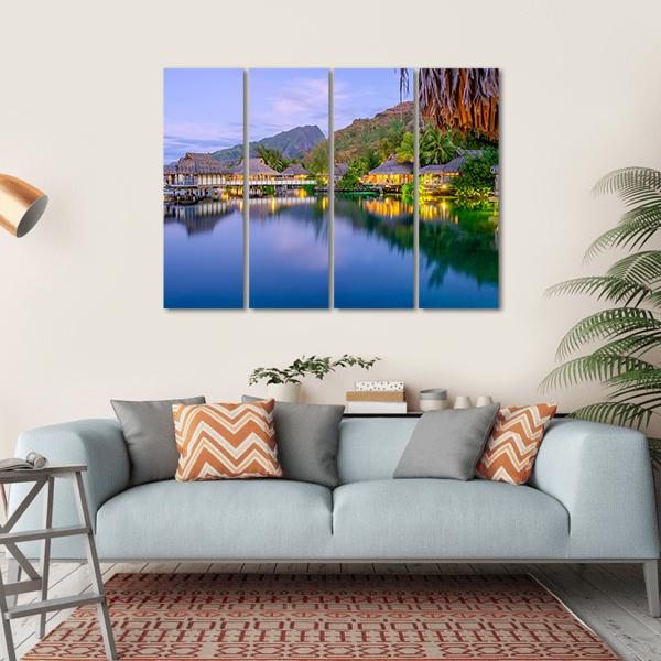 Overwater Bungalows At Dusk Canvas Wall Art-4 Horizontal-Gallery Wrap-34" x 24"-Tiaracle