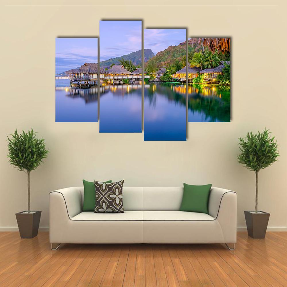 Overwater Bungalows At Dusk Canvas Wall Art-4 Pop-Gallery Wrap-50" x 32"-Tiaracle