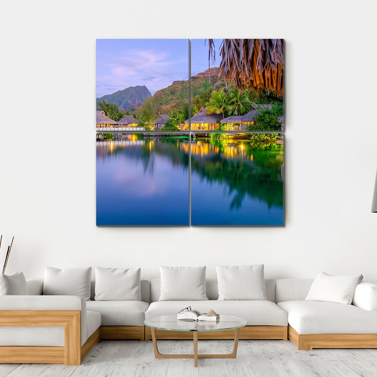 Overwater Bungalows At Dusk Canvas Wall Art-4 Square-Gallery Wrap-17" x 17"-Tiaracle