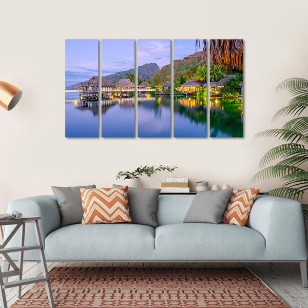 Overwater Bungalows At Dusk Canvas Wall Art-5 Horizontal-Gallery Wrap-22" x 12"-Tiaracle