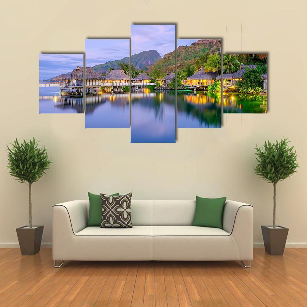 Overwater Bungalows At Dusk Canvas Wall Art-5 Star-Gallery Wrap-62" x 32"-Tiaracle
