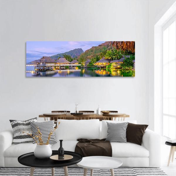 Overwater Bungalows At Dusk Panoramic Canvas Wall Art-1 Piece-36" x 12"-Tiaracle
