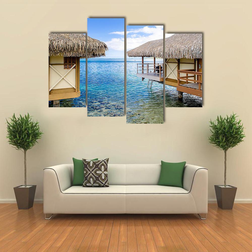 Overwater Bungalows In Moorea Canvas Wall Art-4 Pop-Gallery Wrap-50" x 32"-Tiaracle