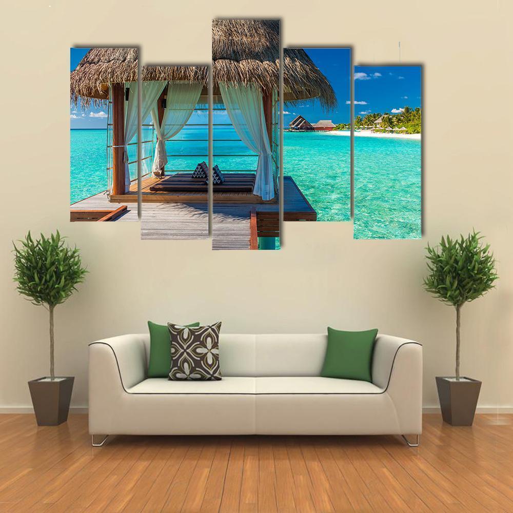 Overwater Spa With Tropical Lagoon View Canvas Wall Art-5 Pop-Gallery Wrap-47&quot; x 32&quot;-Tiaracle