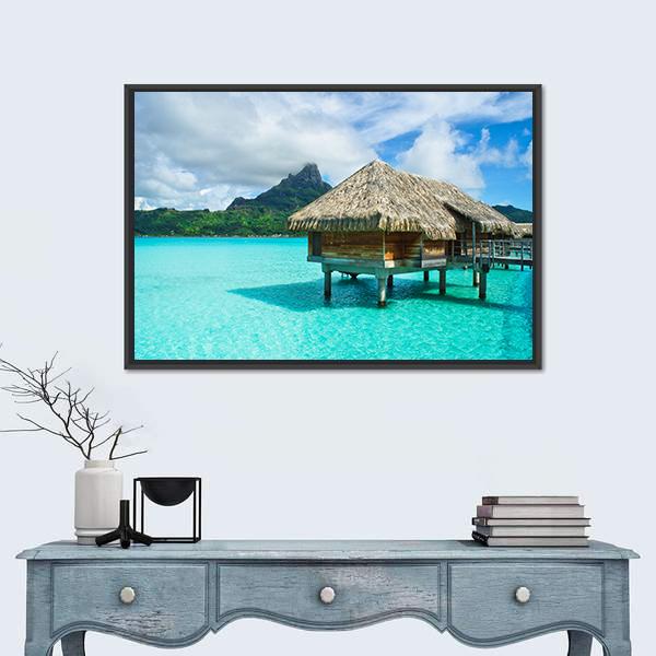 Overwater Thatched Roof Bungalow Canvas Wall Art-1 Piece-Floating Frame-24&quot; x 16&quot;-Tiaracle