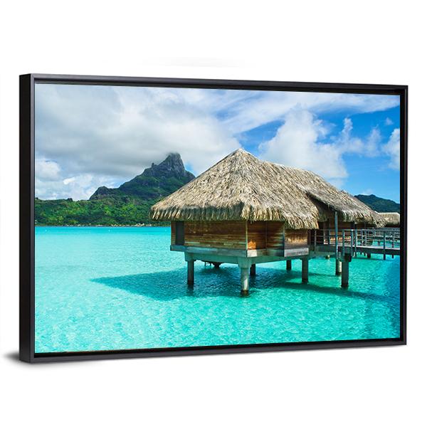 Overwater Thatched Roof Bungalow Canvas Wall Art-3 Horizontal-Gallery Wrap-25&quot; x 16&quot;-Tiaracle