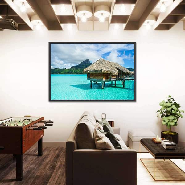 Overwater Thatched Roof Bungalow Canvas Wall Art-3 Horizontal-Gallery Wrap-25&quot; x 16&quot;-Tiaracle