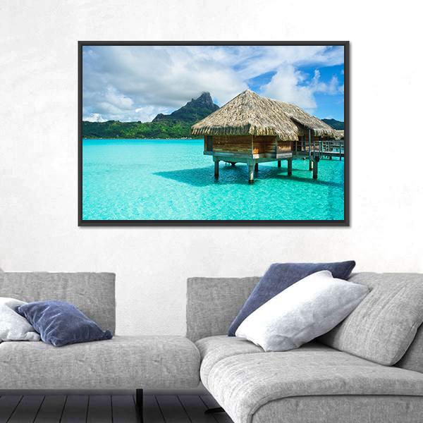 Overwater Thatched Roof Bungalow Canvas Wall Art-3 Horizontal-Gallery Wrap-25" x 16"-Tiaracle