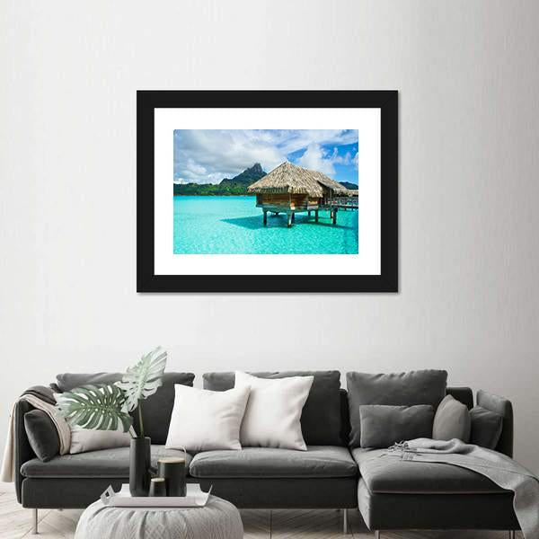 Overwater Thatched Roof Bungalow Canvas Wall Art-3 Horizontal-Gallery Wrap-25&quot; x 16&quot;-Tiaracle