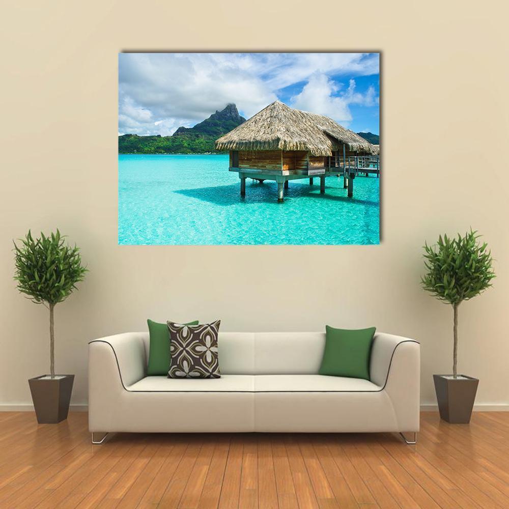 Overwater Thatched Roof Bungalow Canvas Wall Art-1 Piece-Gallery Wrap-48&quot; x 32&quot;-Tiaracle