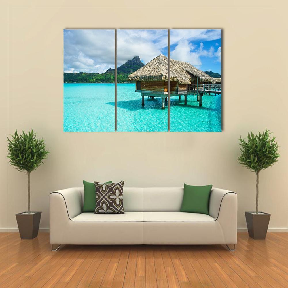 Overwater Thatched Roof Bungalow Canvas Wall Art-3 Horizontal-Gallery Wrap-37&quot; x 24&quot;-Tiaracle