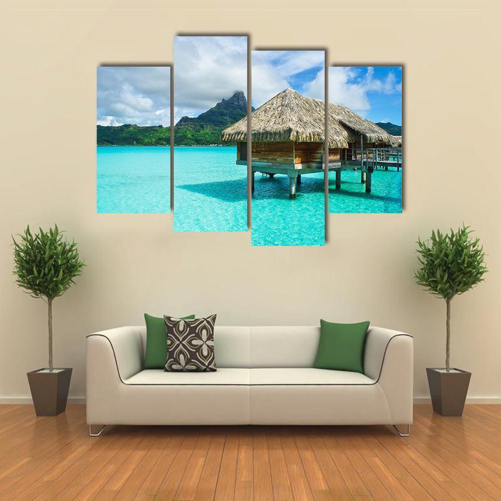 Overwater Thatched Roof Bungalow Canvas Wall Art-4 Pop-Gallery Wrap-50" x 32"-Tiaracle
