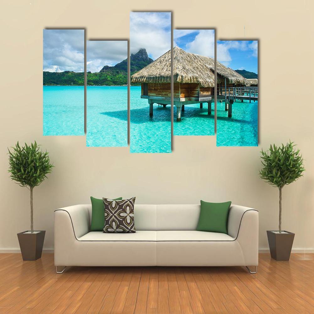 Overwater Thatched Roof Bungalow Canvas Wall Art-5 Pop-Gallery Wrap-47&quot; x 32&quot;-Tiaracle