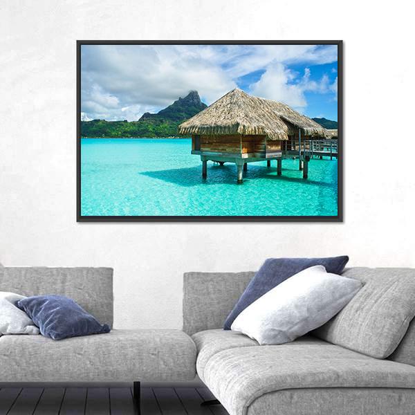 Overwater Thatched Roof Bungalow Panoramic Canvas Wall Art-1 Piece-36" x 12"-Tiaracle