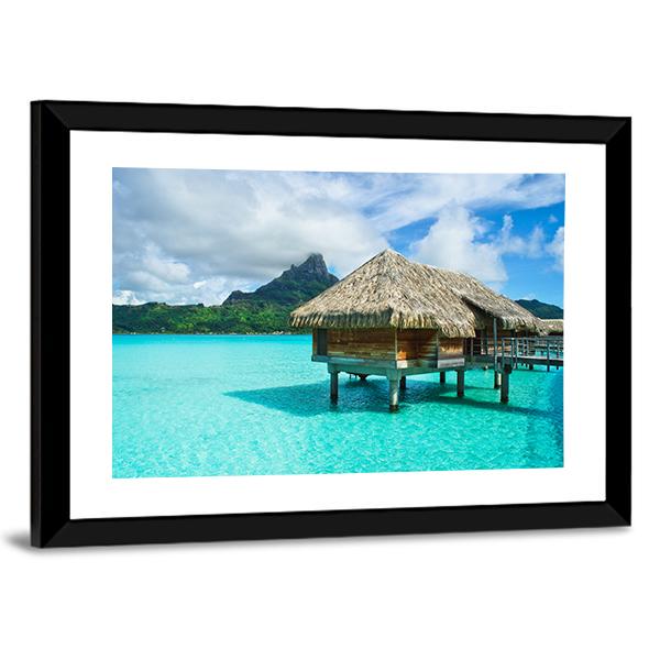 Overwater Thatched Roof Bungalow Panoramic Canvas Wall Art-1 Piece-36" x 12"-Tiaracle
