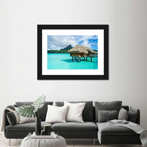 Overwater Thatched Roof Bungalow Panoramic Canvas Wall Art-1 Piece-36" x 12"-Tiaracle