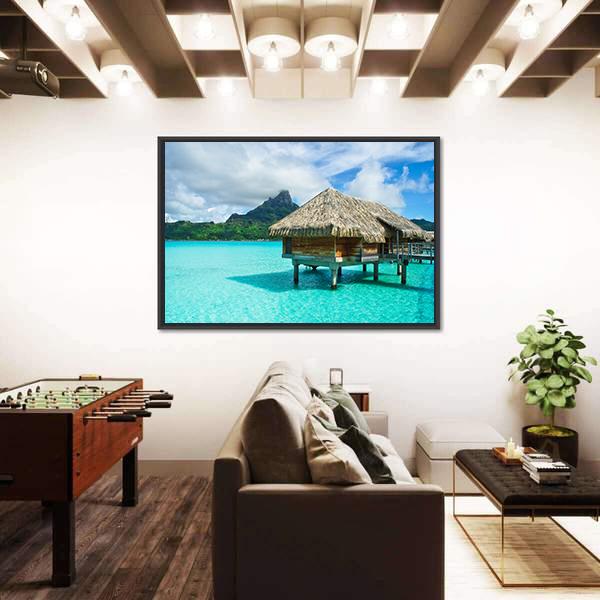 Overwater Thatched Roof Bungalow Panoramic Canvas Wall Art-1 Piece-36" x 12"-Tiaracle